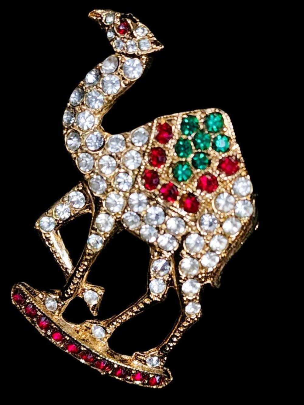 Vintage 1950's Gold-Tone Camel Brooch Rhinestone ORA Signed Red & Green Jewels